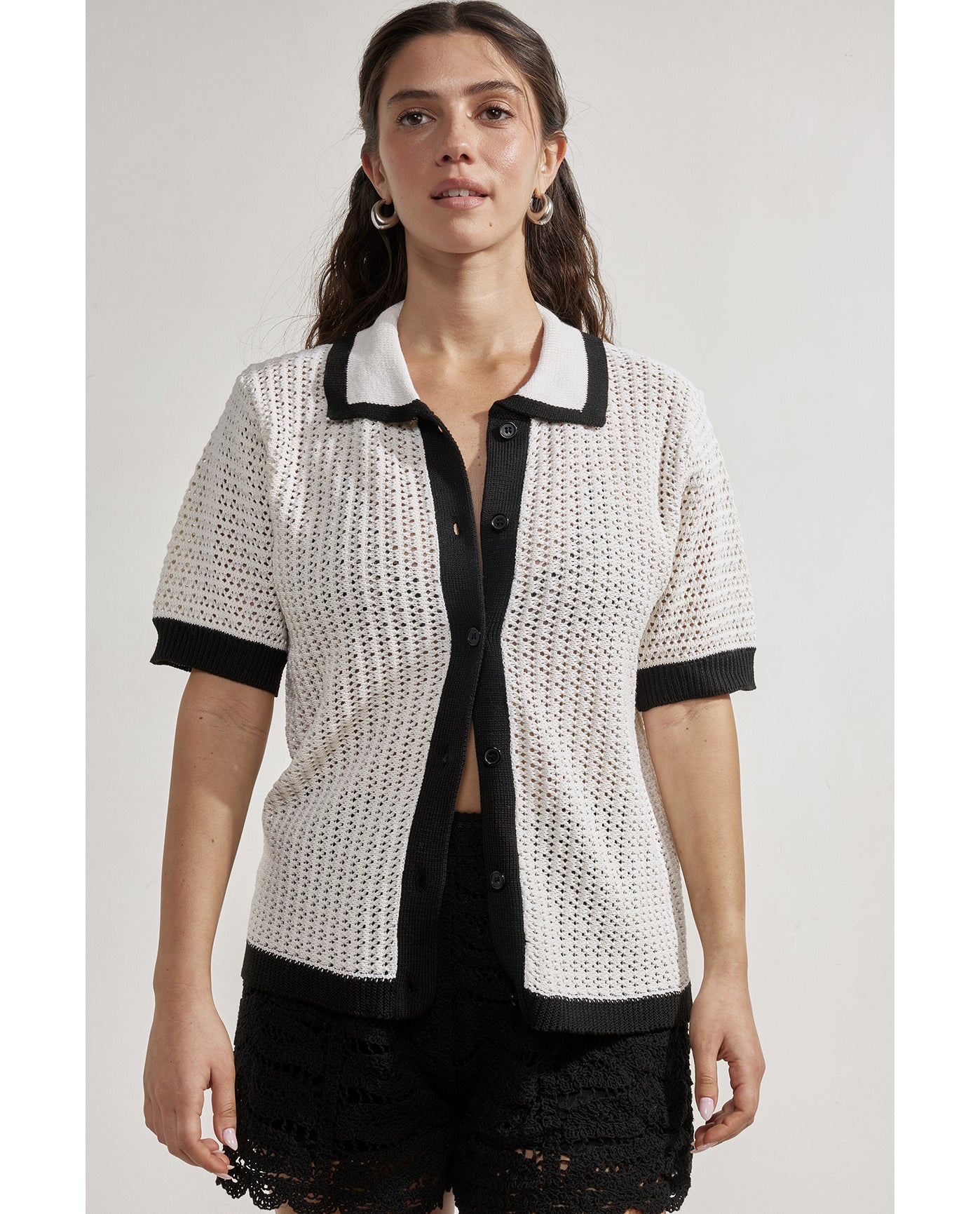 Franchi Crochet Collared Button Down Shirt Cover-Up-Blk/crm