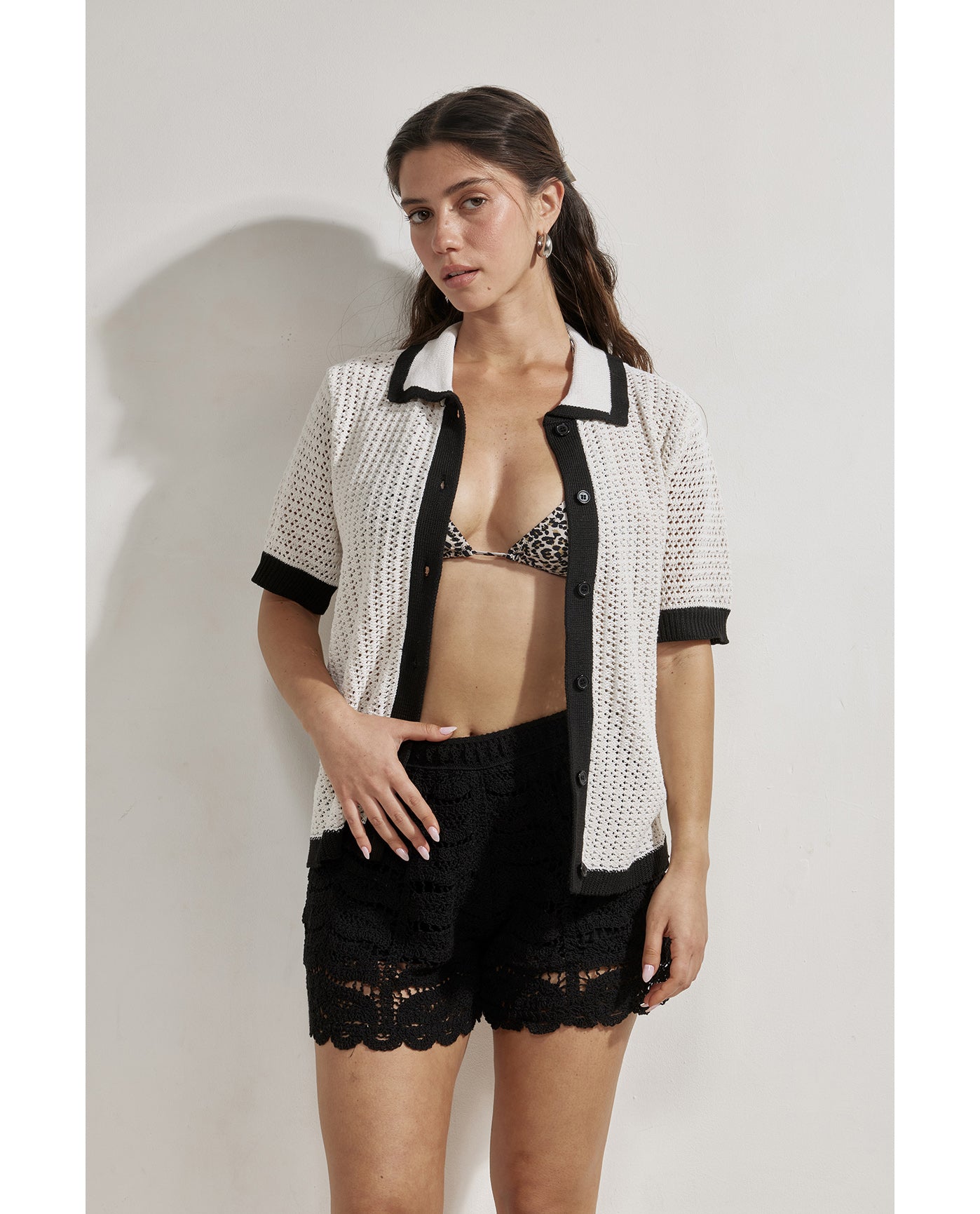 Franchi Crochet Collared Button Down Shirt Cover-Up-Blk/crm