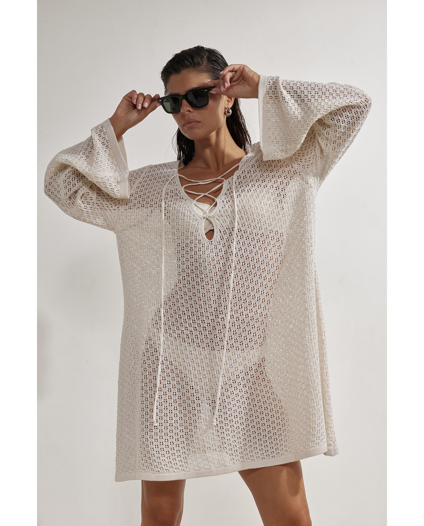 Miss Crochet Mini Dress Cover-Up-Beige