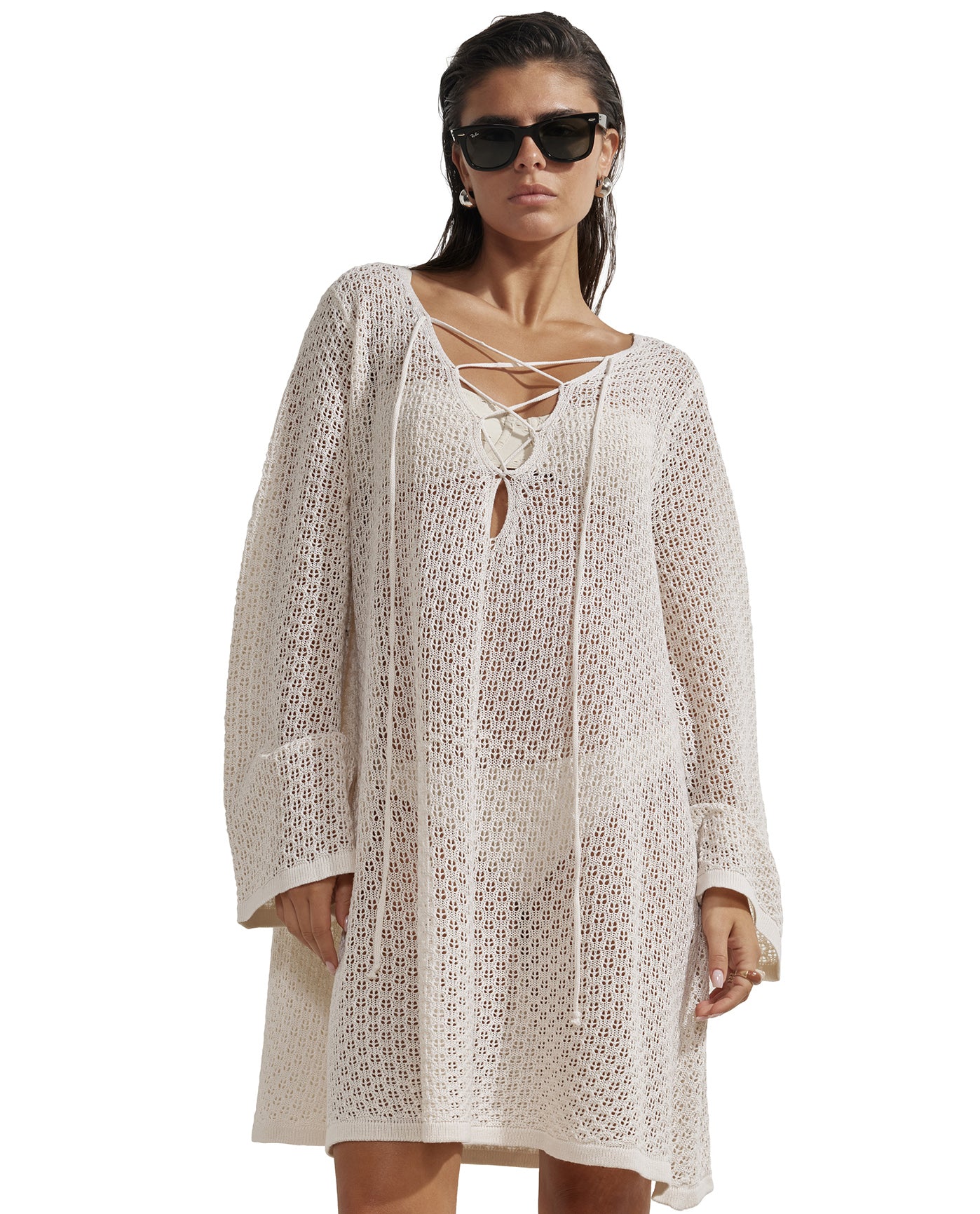 Miss Crochet Mini Dress Cover-Up-Beige