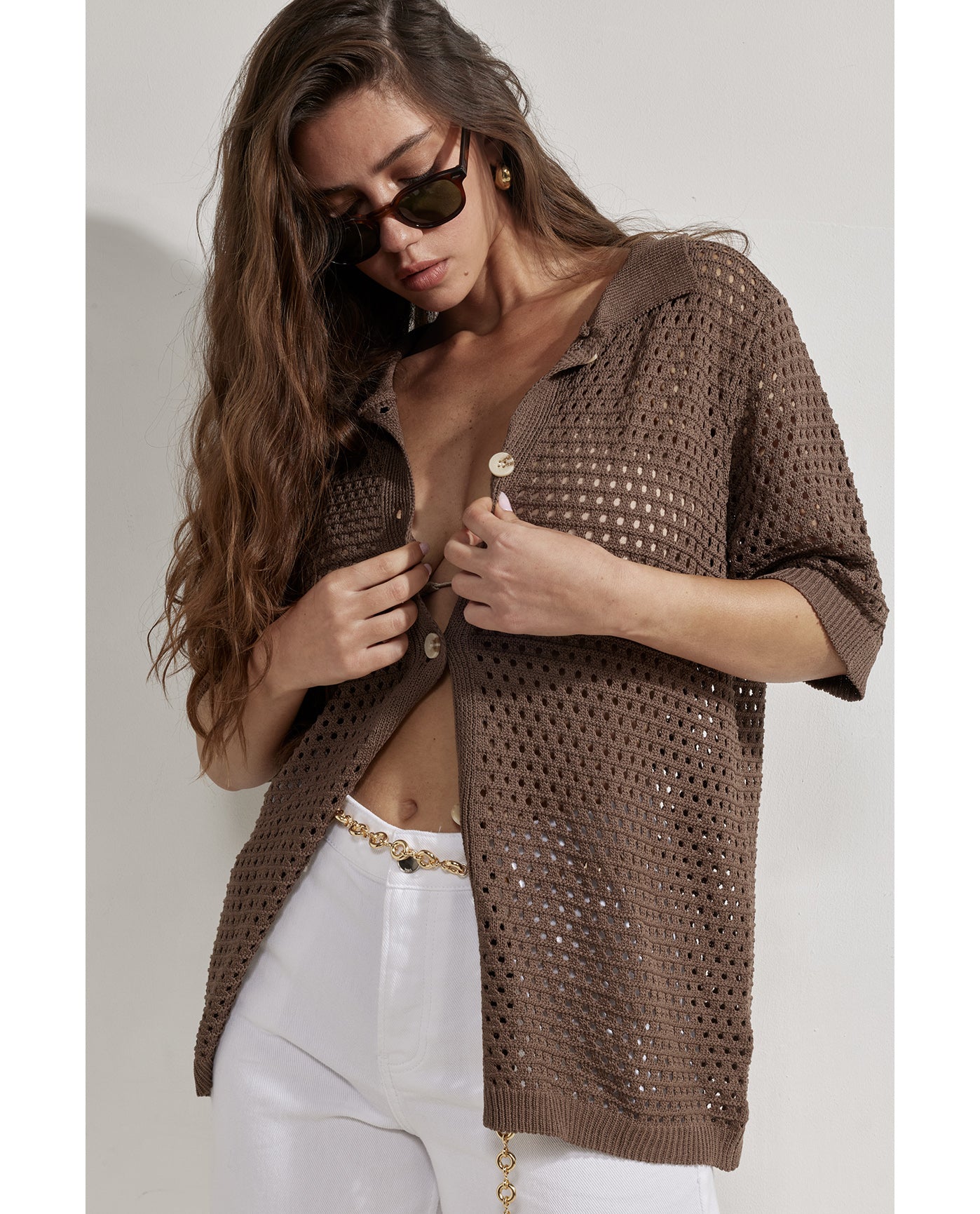 Robbie Crochet Collared Beach Top-Brown