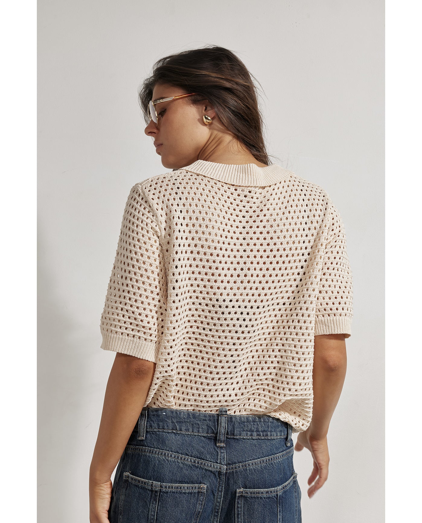 Robbie Crochet Collared Beach Top-Beige