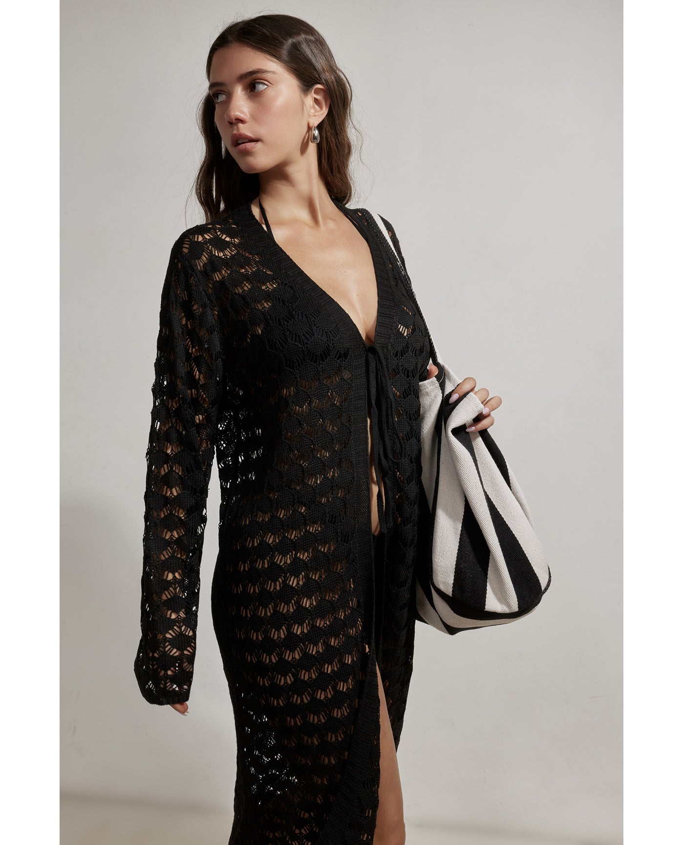 Rama Crochet Front Tie Robe Cover-Up-Black