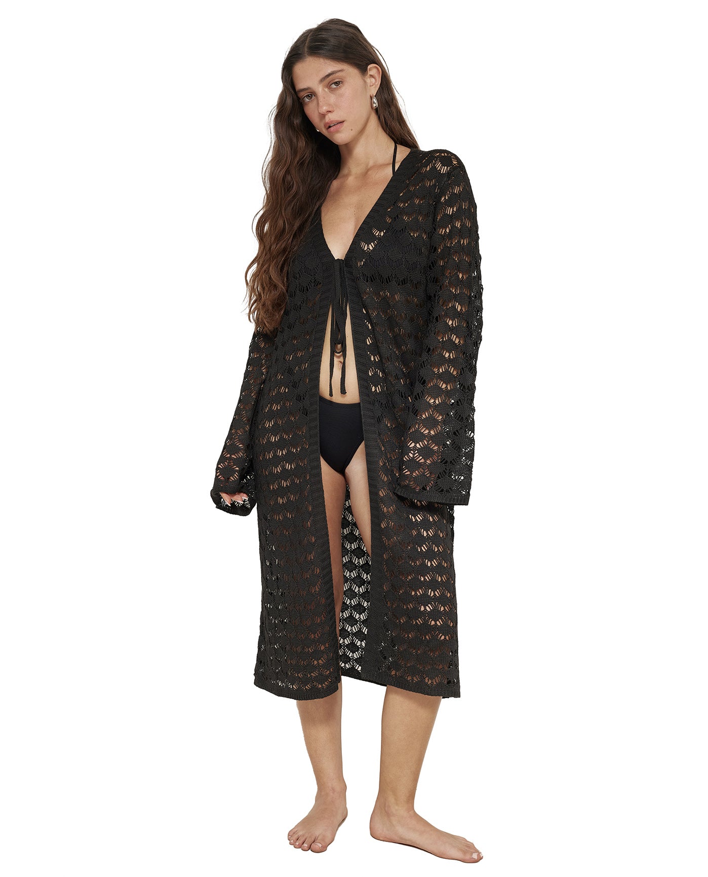 Rama Crochet Front Tie Robe Cover-Up-Black