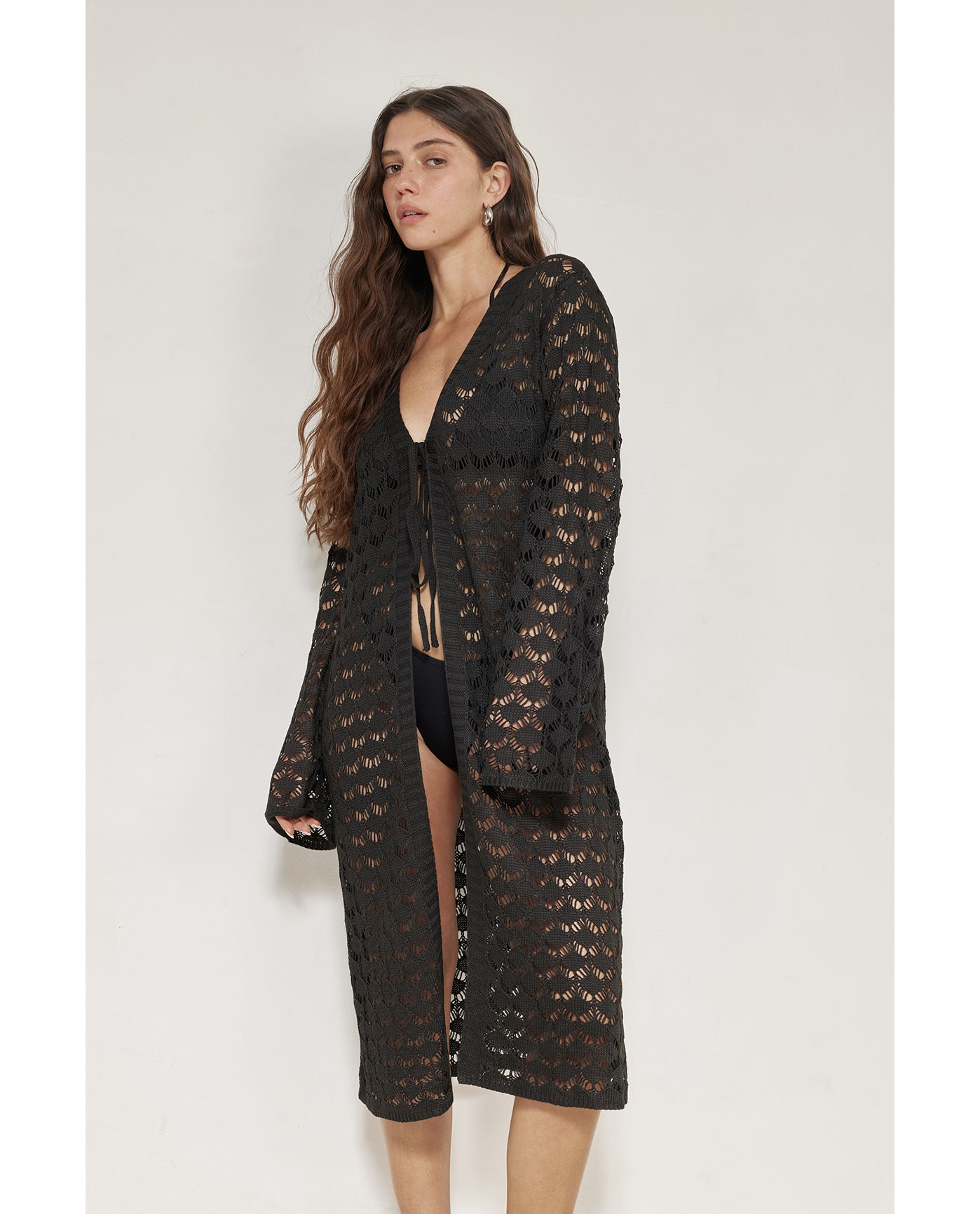 Rama Crochet Front Tie Robe Cover-Up-Black