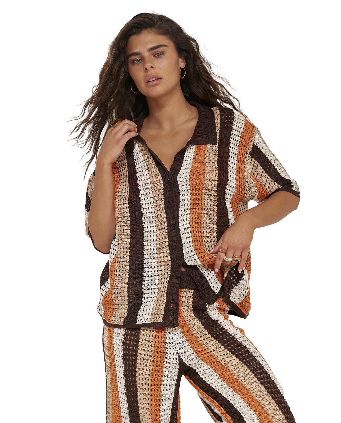 Naomi Crochet Collared Button Down Shirt Cover-Up-Multi