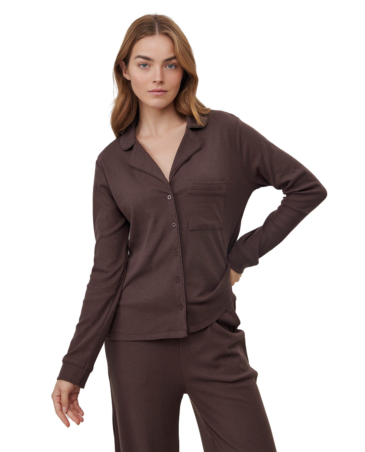 Sandy Days Button Up Loungewear Top -Dark / bro
