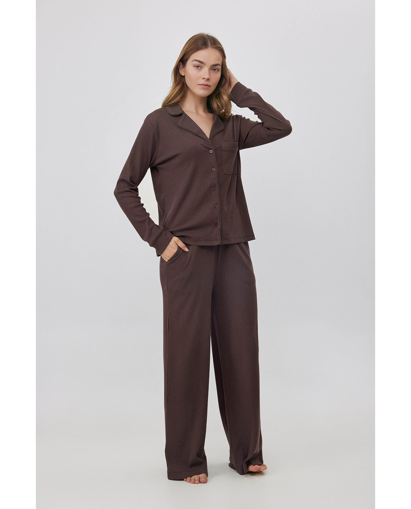 Sandy Days Button Up Loungewear Top -Dark / bro
