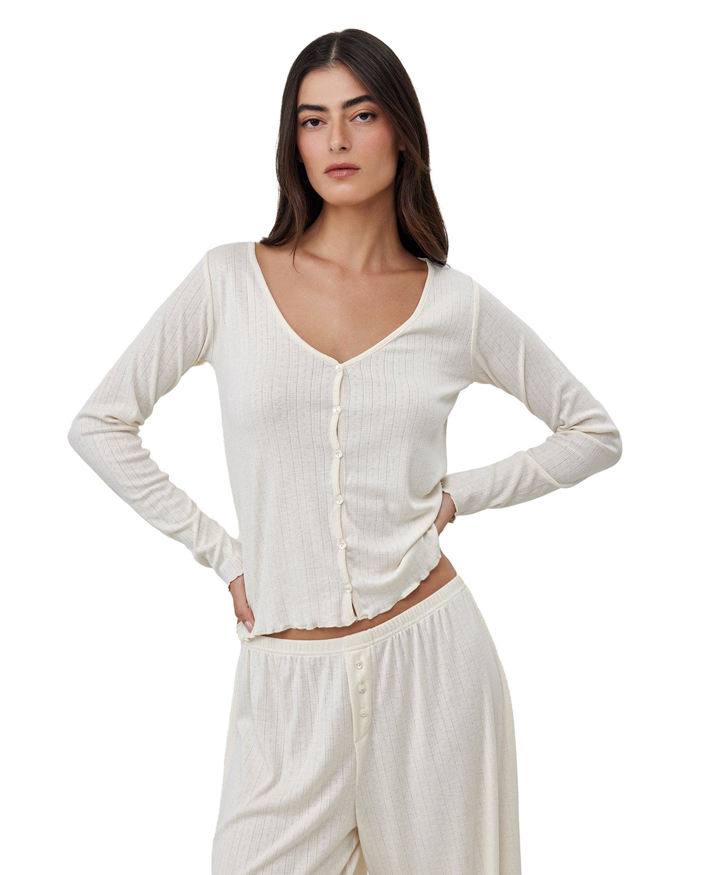 Daydream Pointelle Buttoned Loungewear Top -Cream