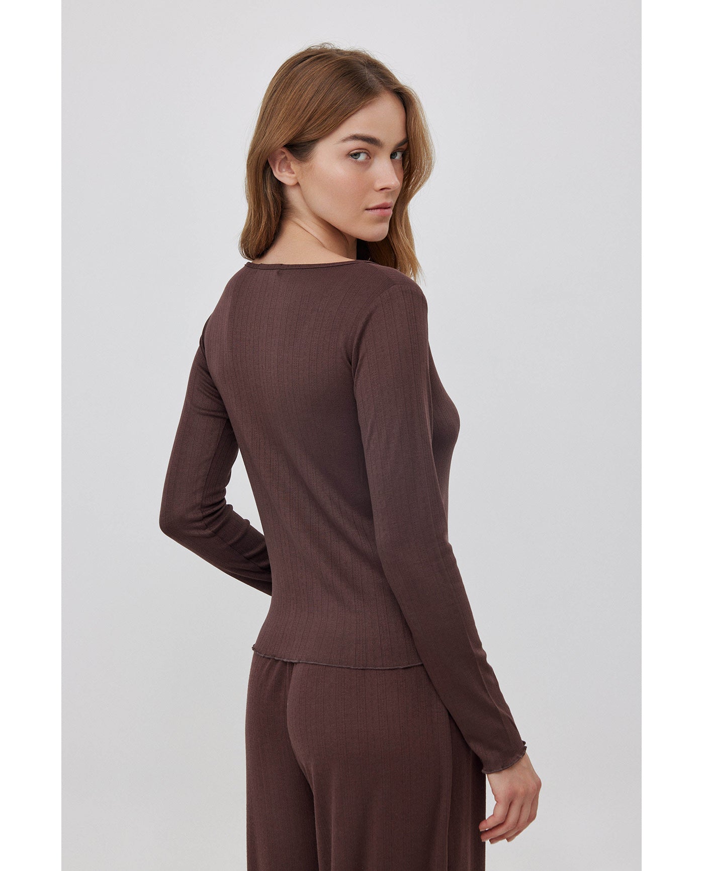Daydream Pointelle Buttoned Loungewear Top -Brown