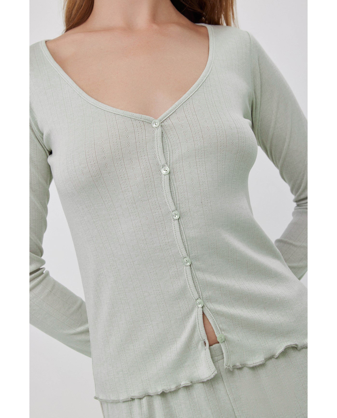 Daydream Pointelle Buttoned Loungewear Top -Lt green
