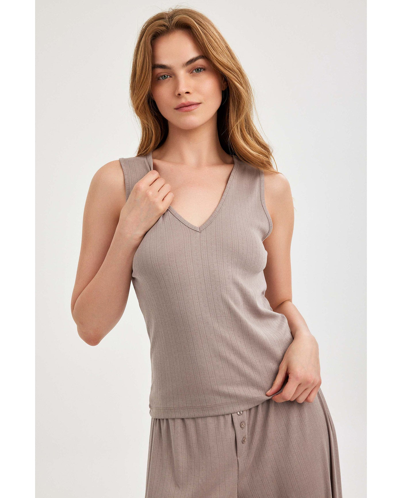 Gottex Beach LifeSummer Lounge V-Neck Pointelle Tank Top-MinkLoungewear
