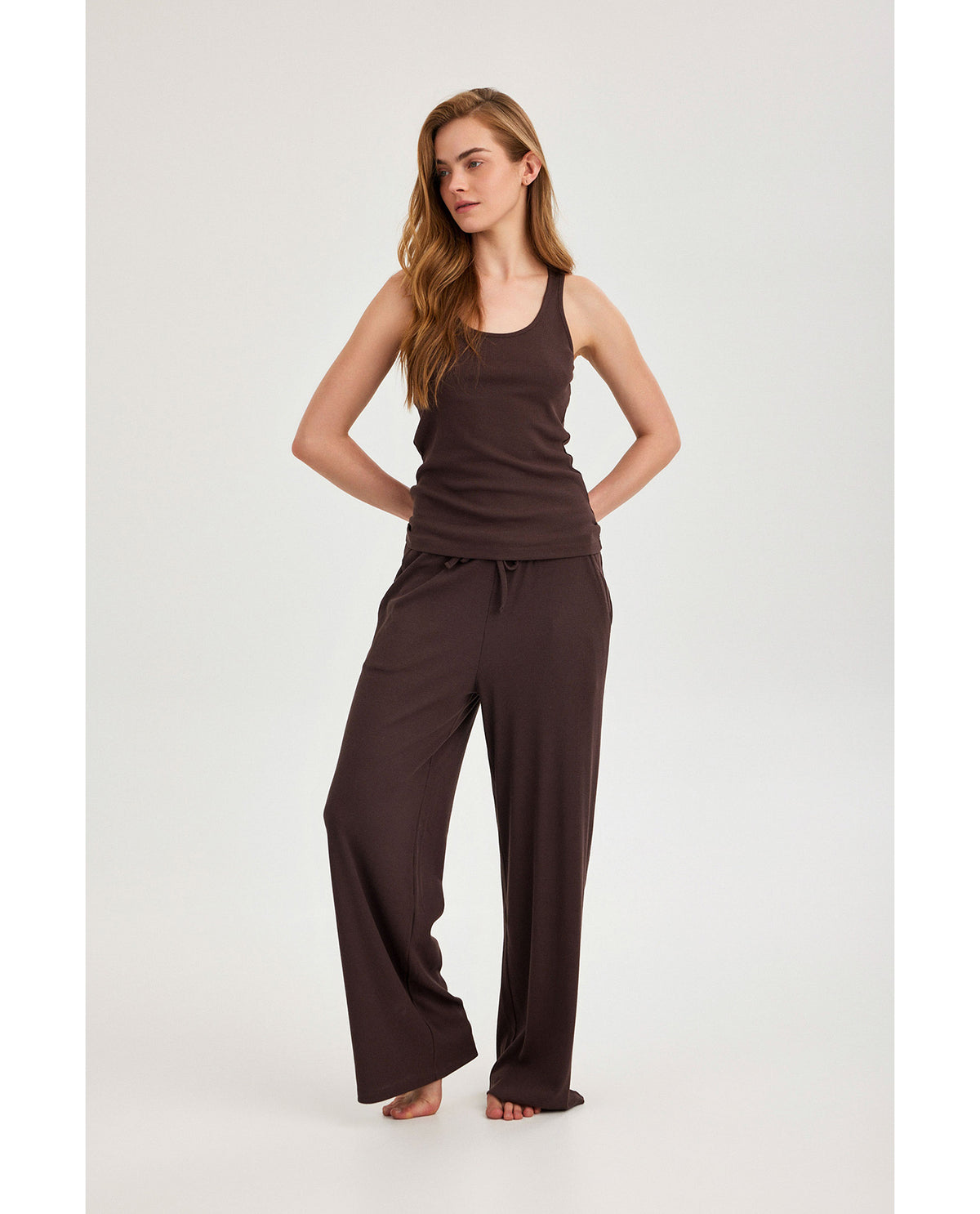 Gottex Beach LifeSummer Lounge Ribbed Wide Leg Pant-BrownLoungewear