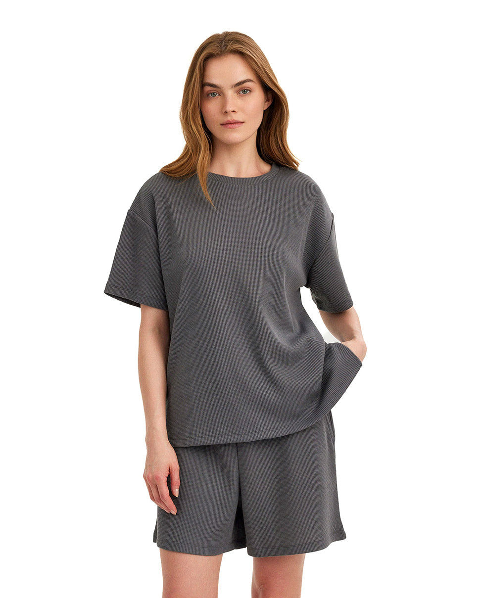 Summer Lounge Waffle T Shirt-Dark Grey