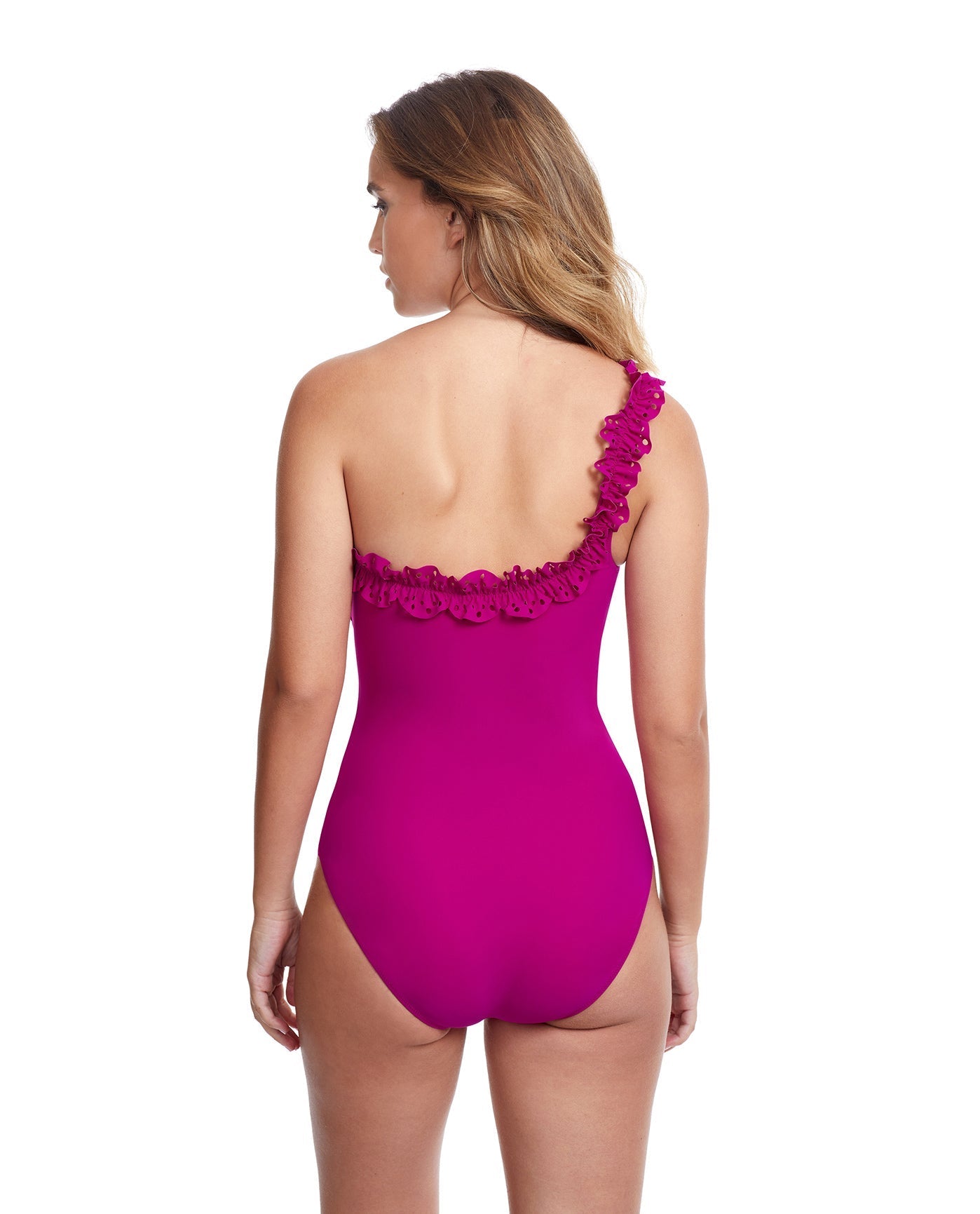 Back View Of Profile By Gottex Hula Dance Ruffle One Shoulder One Piece Swimsuit | PROFILE HULA DANCE VIOLET