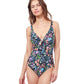 Front View Of Profile By Gottex Flora Tie Front Underwire V-Neck One Piece Swimsuit | PROFILE FLORA BLACK