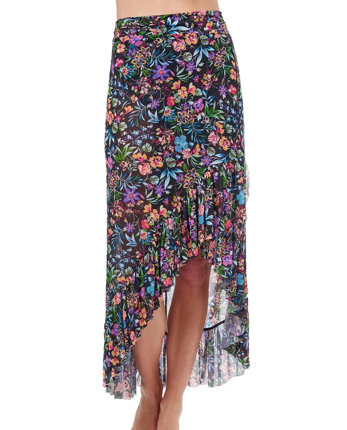 Front View Of Profile By Gottex Flora Ruffled High Low Mesh Cover Up Wrap Skirt | PROFILE FLORA BLACK