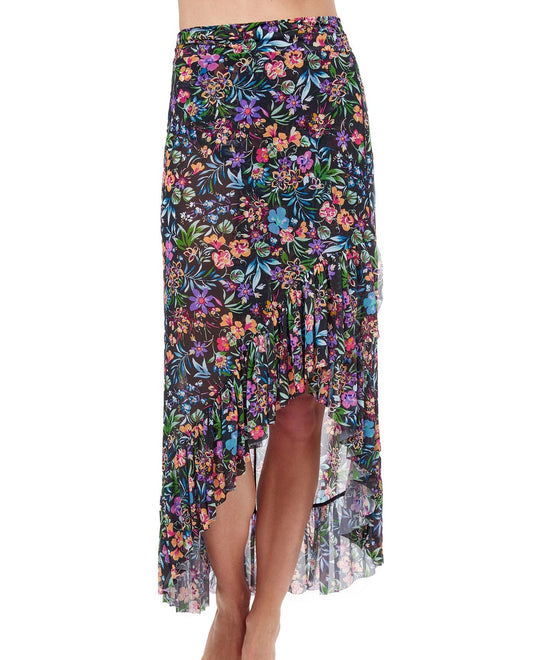 Front View Of Profile By Gottex Flora Ruffled High Low Mesh Cover Up Wrap Skirt | PROFILE FLORA BLACK