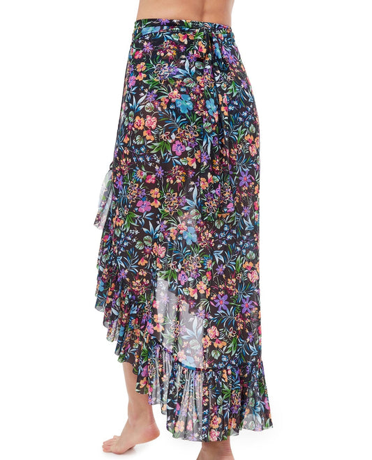 Back View Of Profile By Gottex Flora Ruffled High Low Mesh Cover Up Wrap Skirt | PROFILE FLORA BLACK
