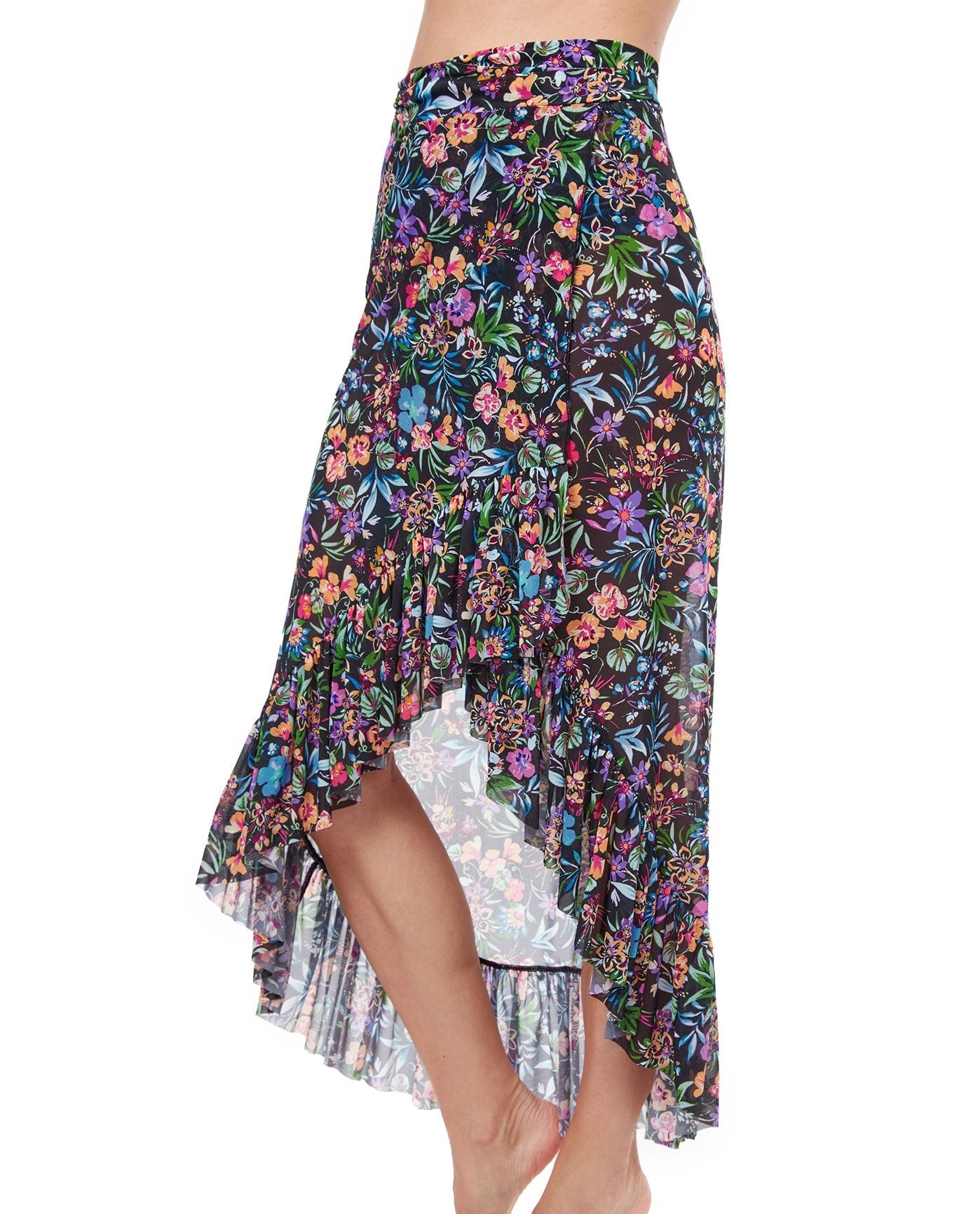 Side View Of Profile By Gottex Flora Ruffled High Low Mesh Cover Up Wrap Skirt | PROFILE FLORA BLACK