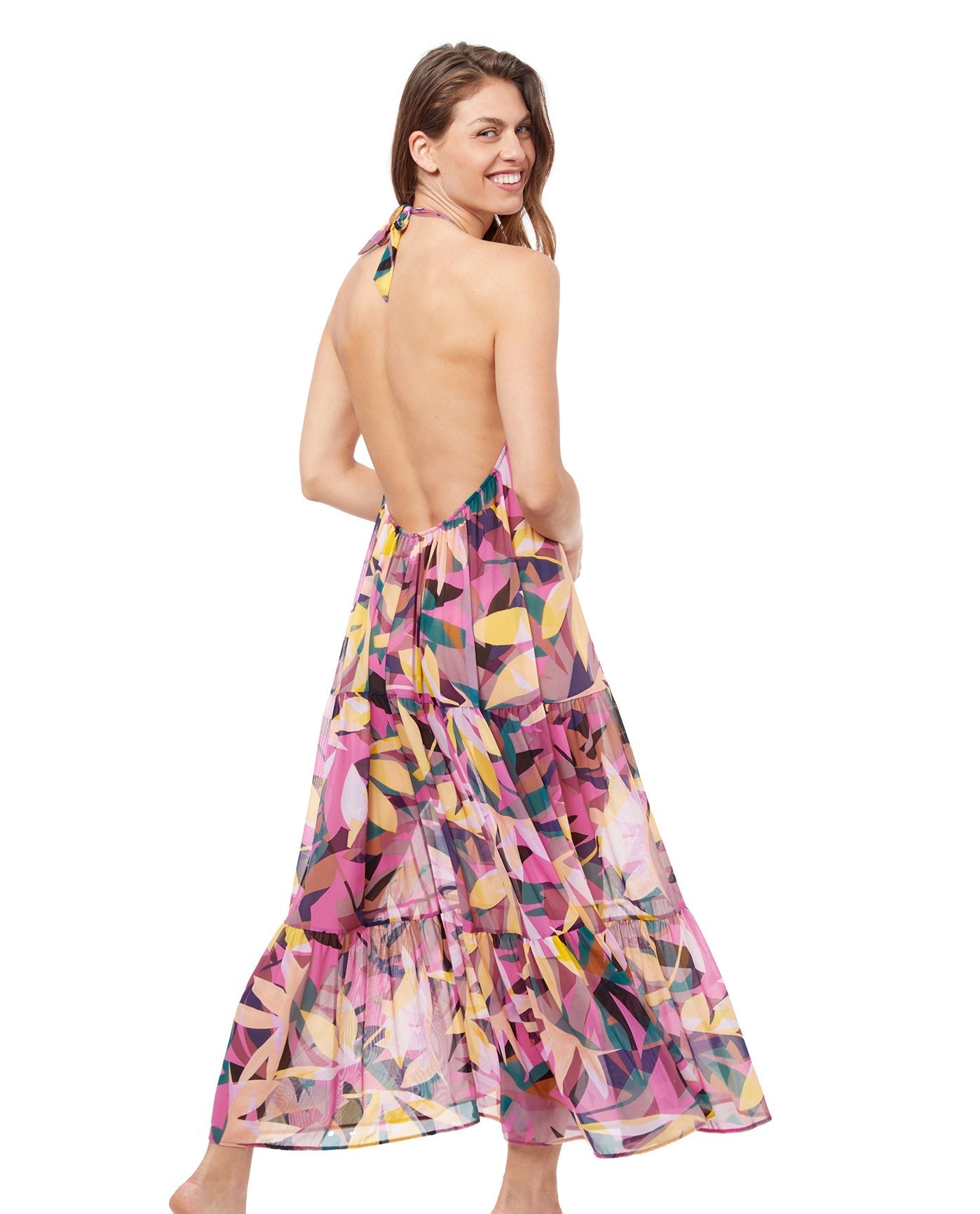 Back View Of Profile By Gottex Gioia Halter Mesh Long Cover Up Dress | PROFILE GIOIA