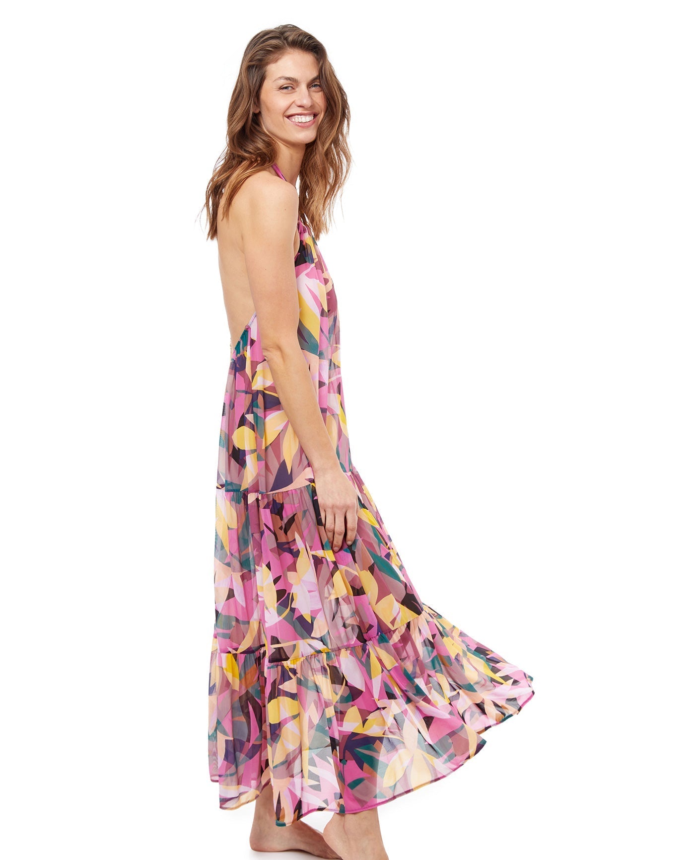 Side View Of Profile By Gottex Gioia Halter Mesh Long Cover Up Dress | PROFILE GIOIA