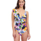 Front View of Profile By Gottex Holi V-Neck Surplice Ruffle One Piece Swimsuit | PROFILE HOLI MULTI