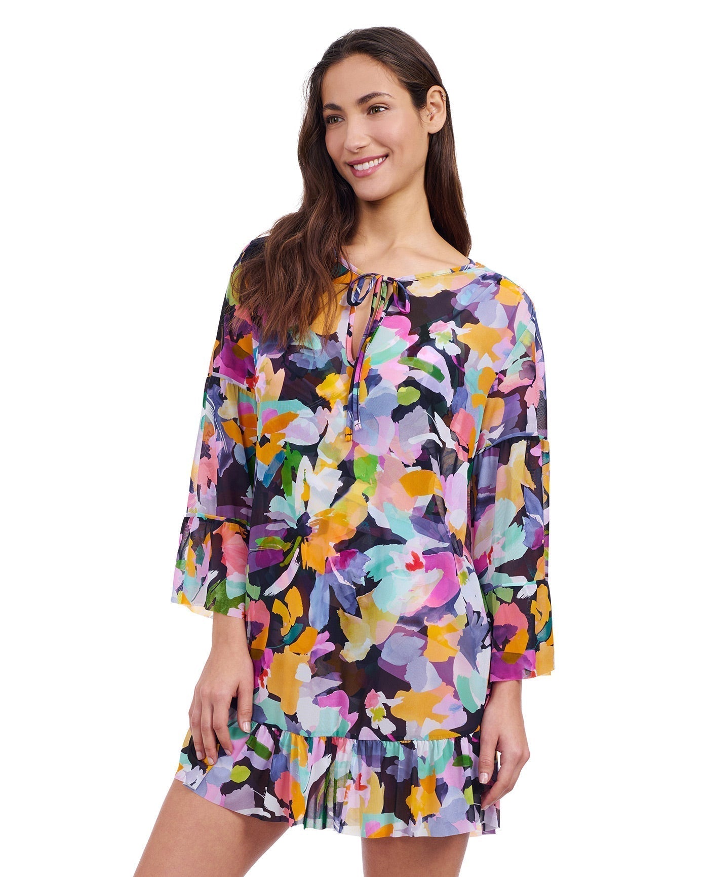 Holi V-Neck Mesh Flounce Tunic Cover Up
