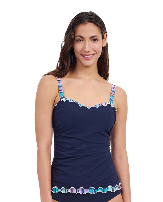 Front View of Profile By Gottex Harmony E-Cup Shirred Underwire Tankini Top | PROFILE HARMONY NAVY
