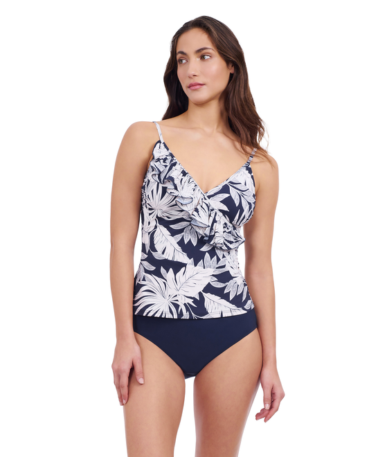 Profile By Gottex Malaya Fringe Surplice Tankini Top | Profile Malaya Navy and White