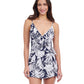 Front View of Profile By Gottex Malaya Surplice Ruffle Swimdress | PROFILE MALAYA NAVY AND WHITE