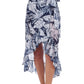 Front View of Profile By Gottex Malaya Ruffled High Low Cover Up Wrap Skirt | PROFILE MALAYA NAVY AND WHITE