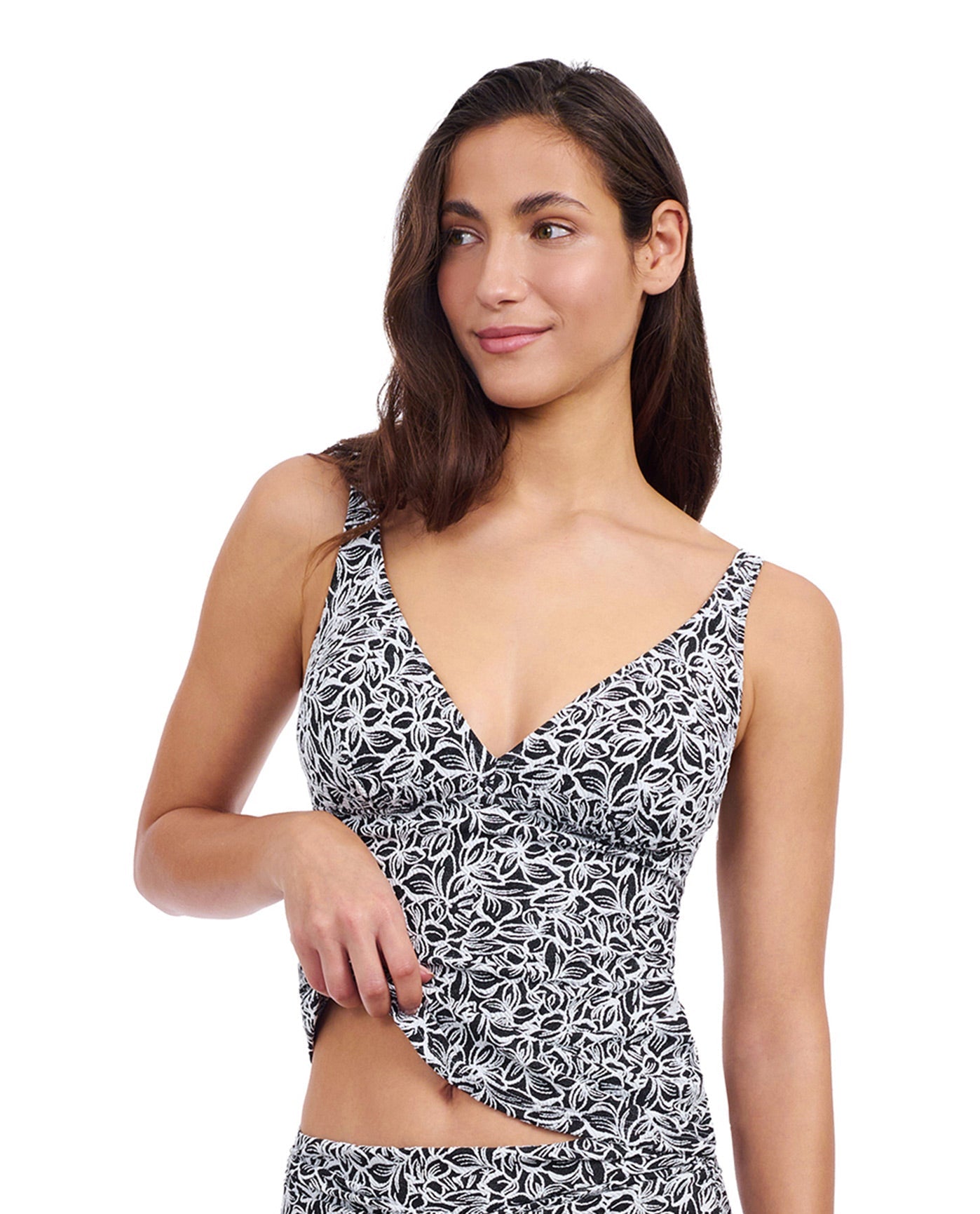 Side View of Profile By Gottex Plumeria D-Cup Textured V-Neck Tankini Top | PROFILE PLUMERIA BLACK AND WHITE