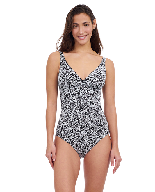 Profile By Gottex Plumeria D-Cup Textured V-Neck Tankini Top | Profile Plumeria Black and White