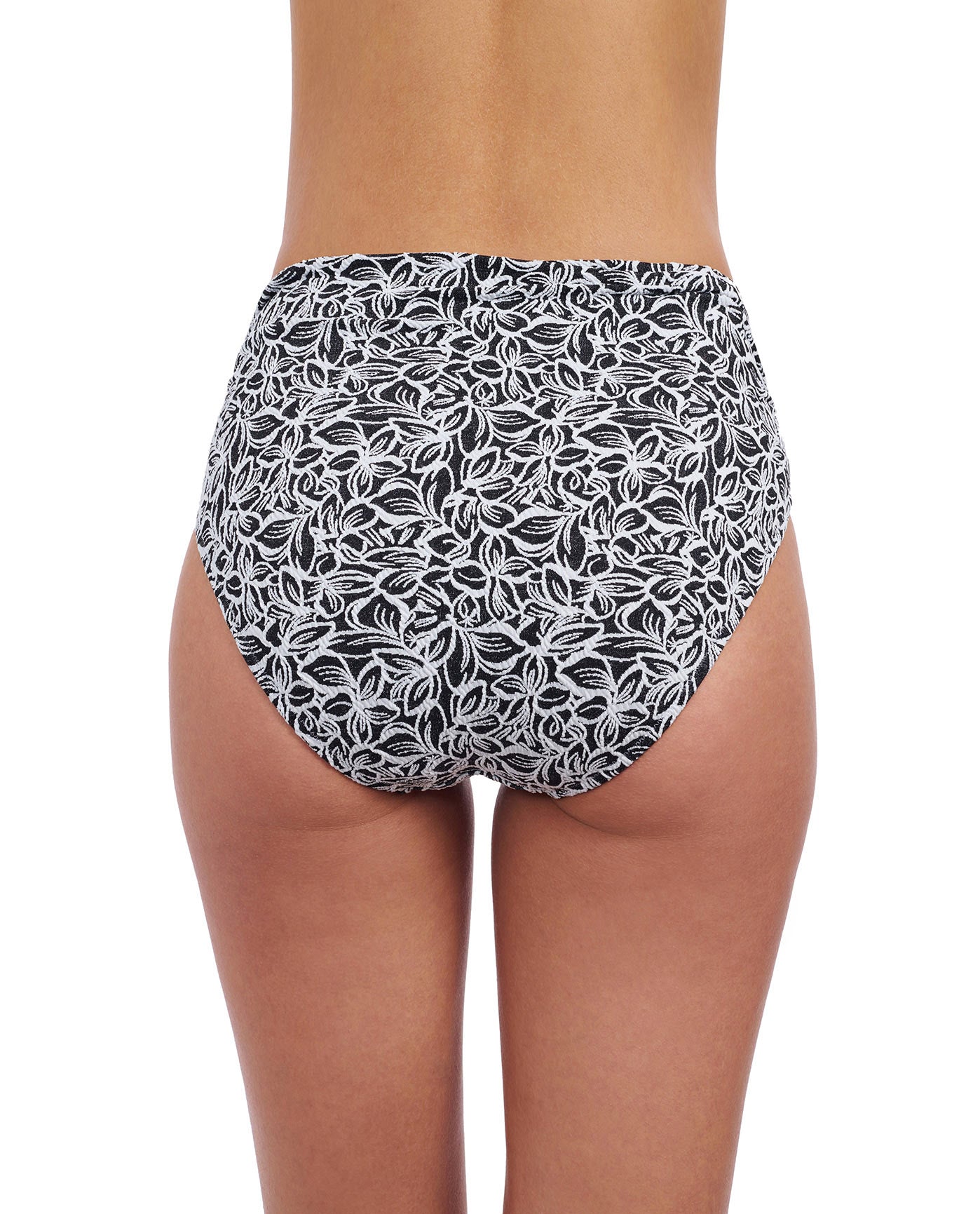Back View of Profile By Gottex Plumeria Textured Side Shirred High Waist Tankini Bottom | PROFILE PLUMERIA BLACK AND WHITE