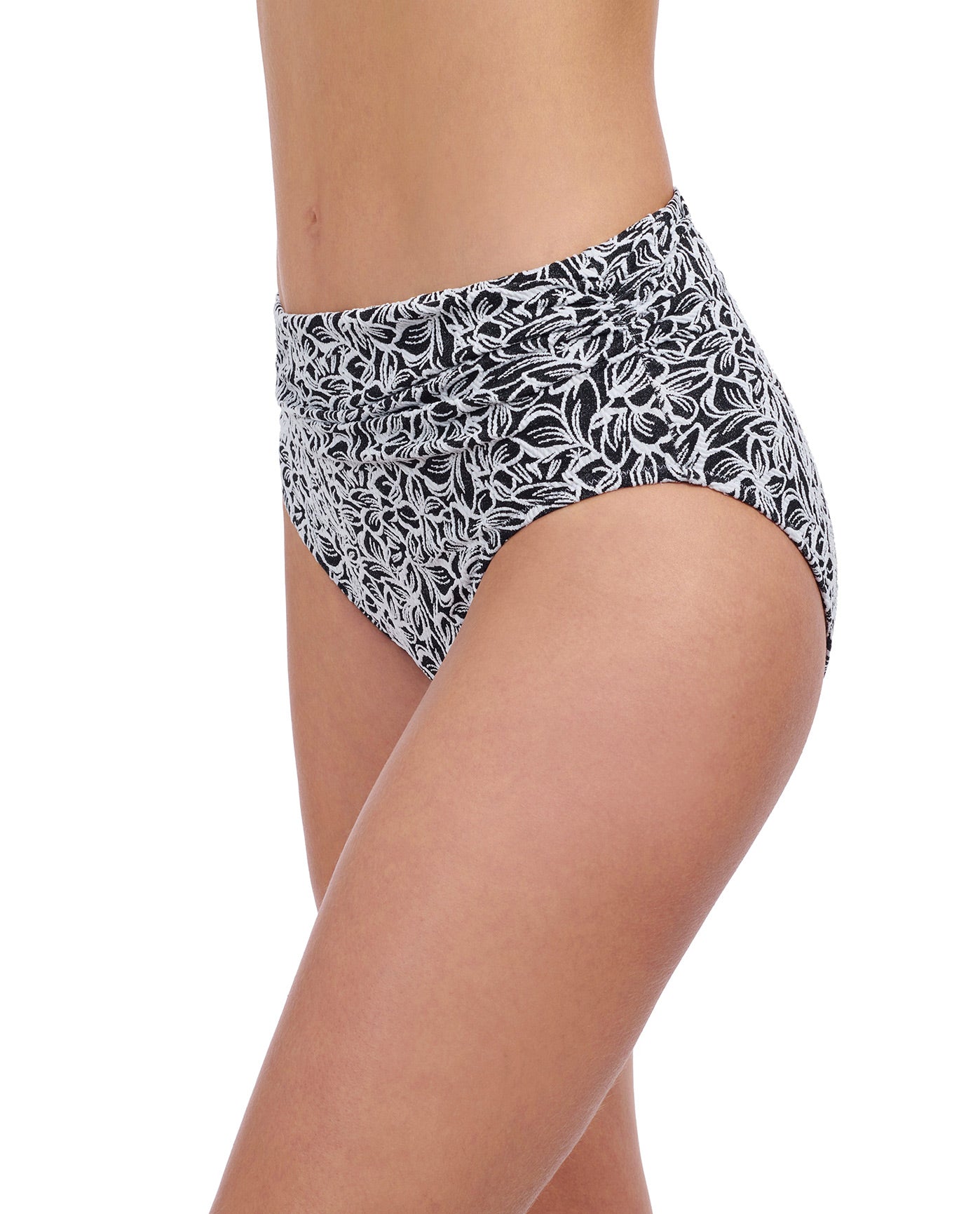 Side View of Profile By Gottex Plumeria Textured Side Shirred High Waist Tankini Bottom | PROFILE PLUMERIA BLACK AND WHITE