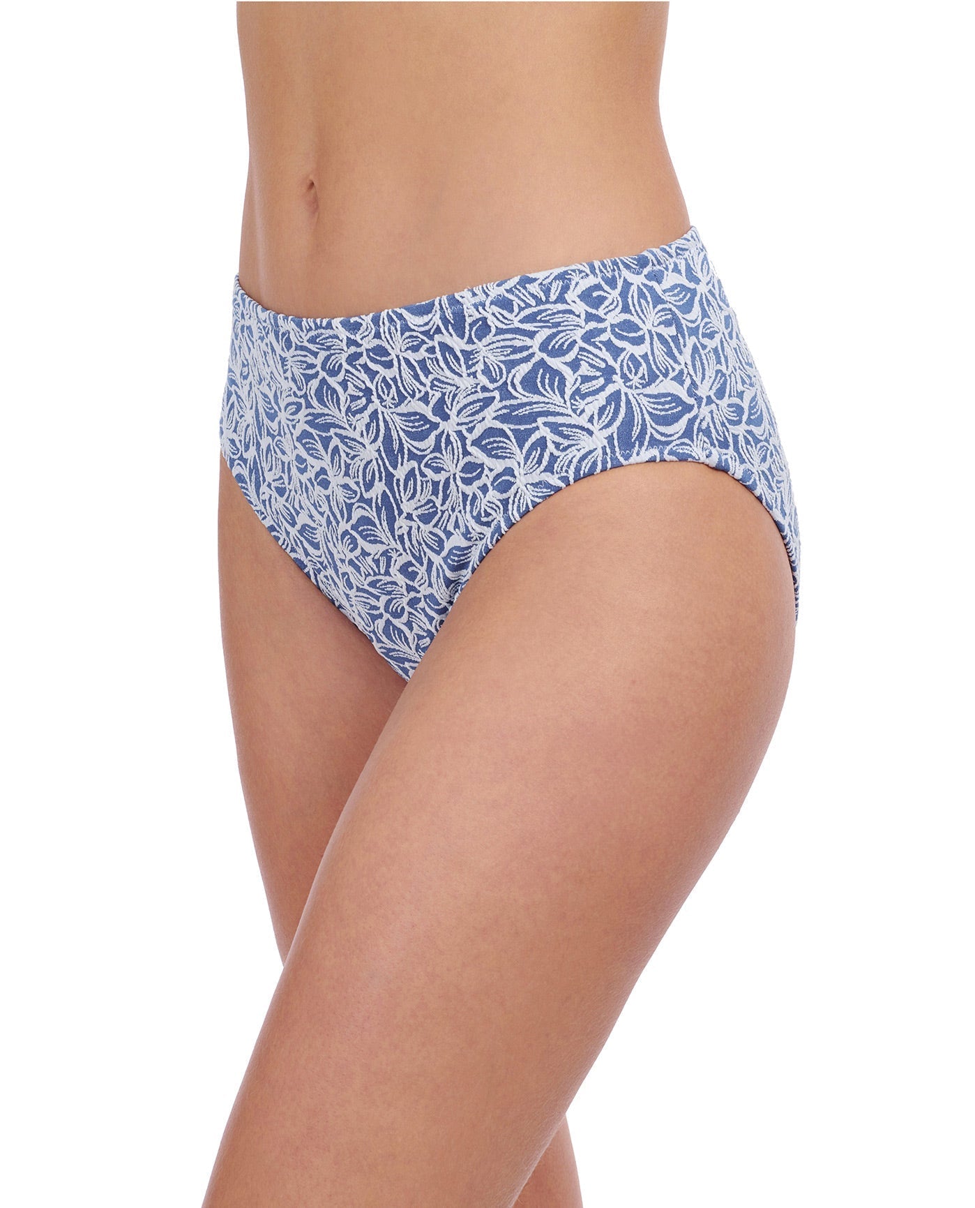 Side View of Profile By Gottex Plumeria Textured Side Shirred High Waist Tankini Bottom | PROFILE PLUMERIA JEAN AND WHITE