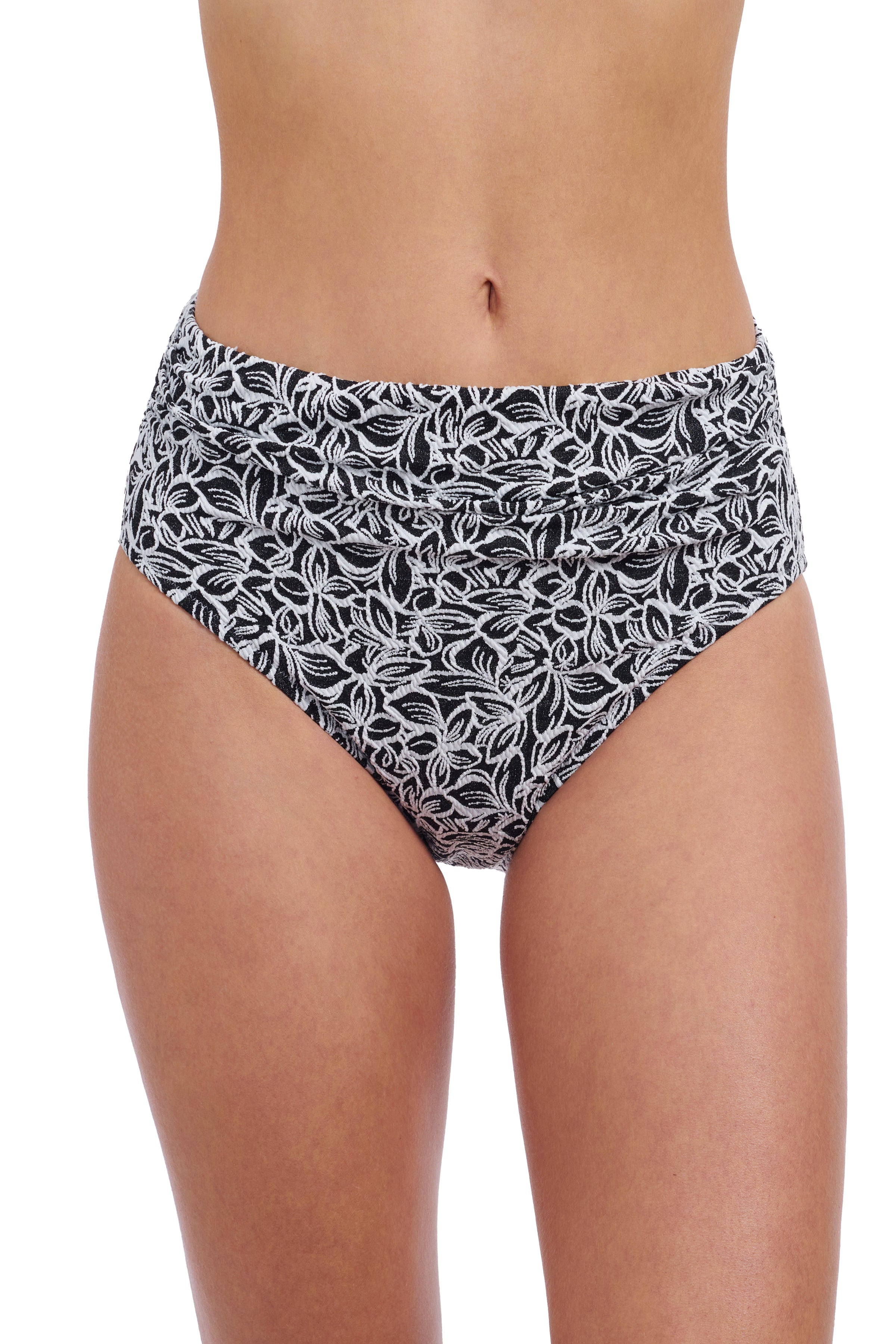 Profile By Gottex Plumeria Textured Side Shirred High Waist Swim Bottom | Profile Plumeria Black and White