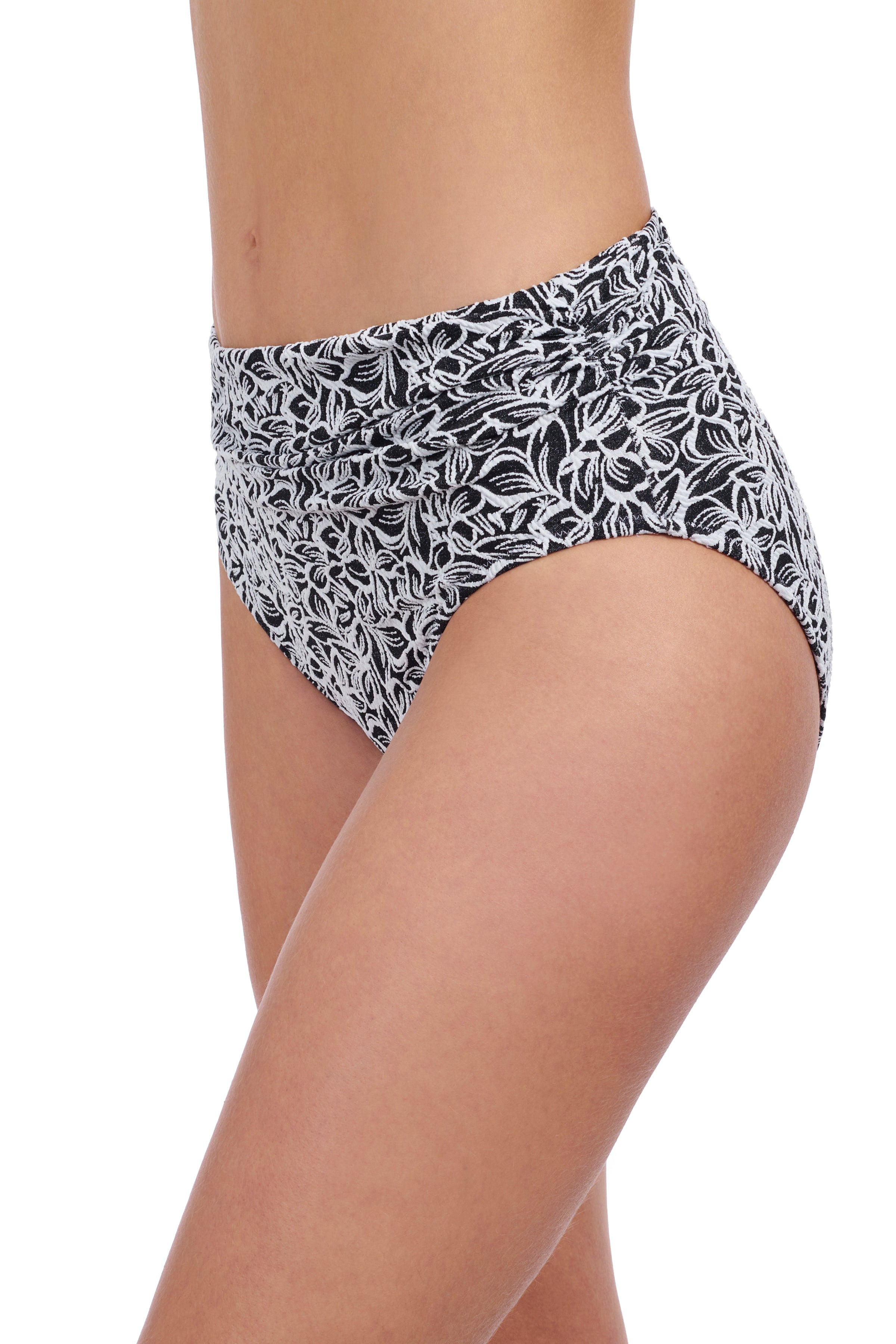 Profile By Gottex Plumeria Textured Side Shirred High Waist Swim Bottom | Profile Plumeria Black and White