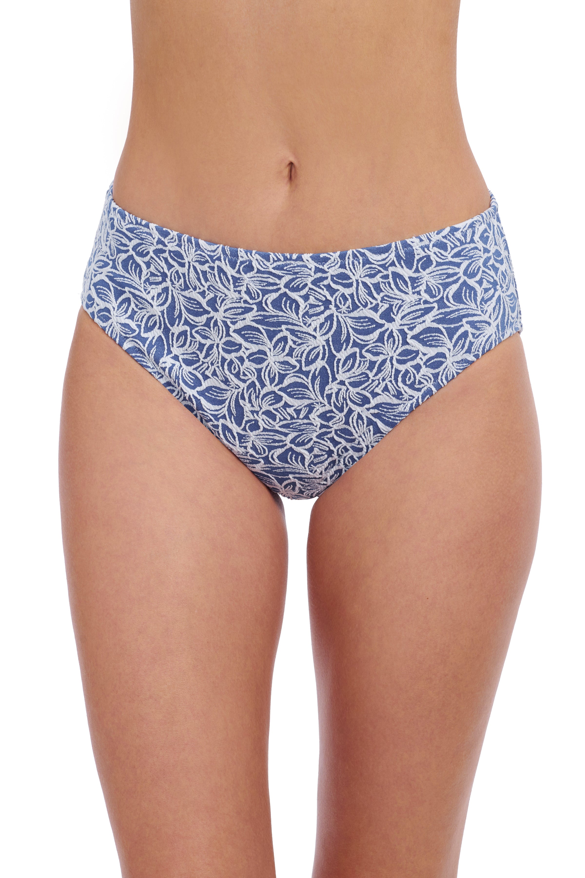 Profile By Gottex Plumeria Textured Side Shirred High Waist Swim Bottom | Profile Plumeria Jean and White