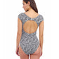 Back View of Profile By Gottex Plumeria Textured Cap Sleeve Shaped Bust One Piece Swimsuit | PROFILE PLUMERIA BLACK AND WHITE