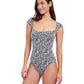 Side View of Profile By Gottex Plumeria Textured Cap Sleeve Shaped Bust One Piece Swimsuit | PROFILE PLUMERIA BLACK AND WHITE