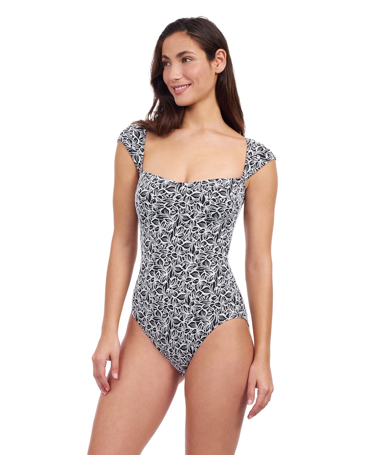 Side View of Profile By Gottex Plumeria Textured Cap Sleeve Shaped Bust One Piece Swimsuit | PROFILE PLUMERIA BLACK AND WHITE