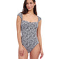 Front View of Profile By Gottex Plumeria Textured Cap Sleeve Shaped Bust One Piece Swimsuit | PROFILE PLUMERIA BLACK AND WHITE