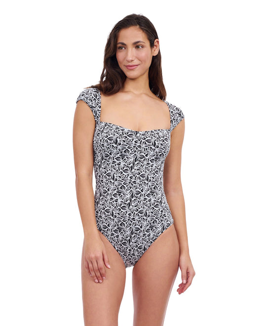 Front View of Profile By Gottex Plumeria Textured Cap Sleeve Shaped Bust One Piece Swimsuit | PROFILE PLUMERIA BLACK AND WHITE