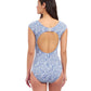 Back View of Profile By Gottex Plumeria Textured Cap Sleeve Shaped Bust One Piece Swimsuit | PROFILE PLUMERIA JEAN AND WHITE