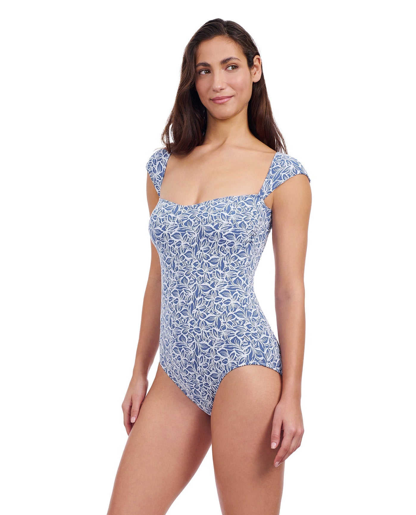 Side View of Profile By Gottex Plumeria Textured Cap Sleeve Shaped Bust One Piece Swimsuit | PROFILE PLUMERIA JEAN AND WHITE