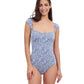 Front View of Profile By Gottex Plumeria Textured Cap Sleeve Shaped Bust One Piece Swimsuit | PROFILE PLUMERIA JEAN AND WHITE