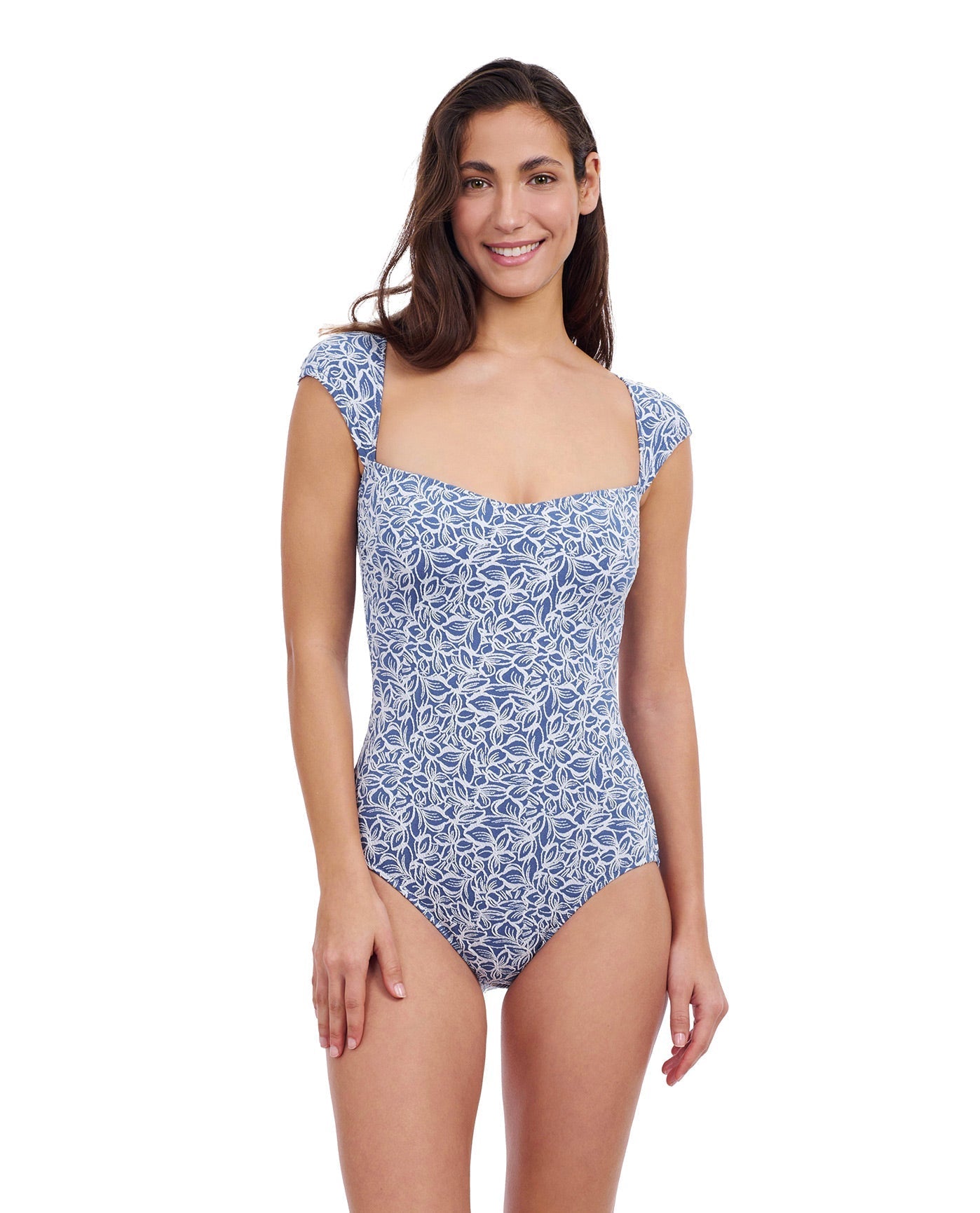 Front View of Profile By Gottex Plumeria Textured Cap Sleeve Shaped Bust One Piece Swimsuit | PROFILE PLUMERIA JEAN AND WHITE