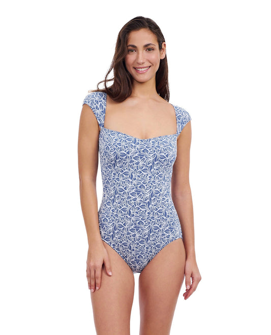 Front View of Profile By Gottex Plumeria Textured Cap Sleeve Shaped Bust One Piece Swimsuit | PROFILE PLUMERIA JEAN AND WHITE